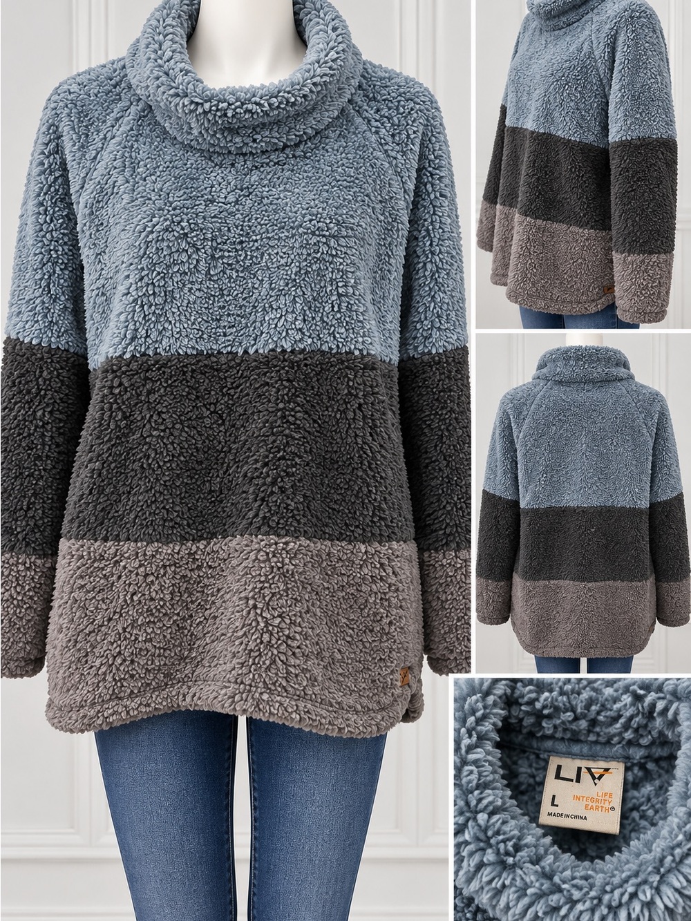 LIV Women’s Sherpa Fleece Pullover Size Large Colorblock Blue Gray Cozy